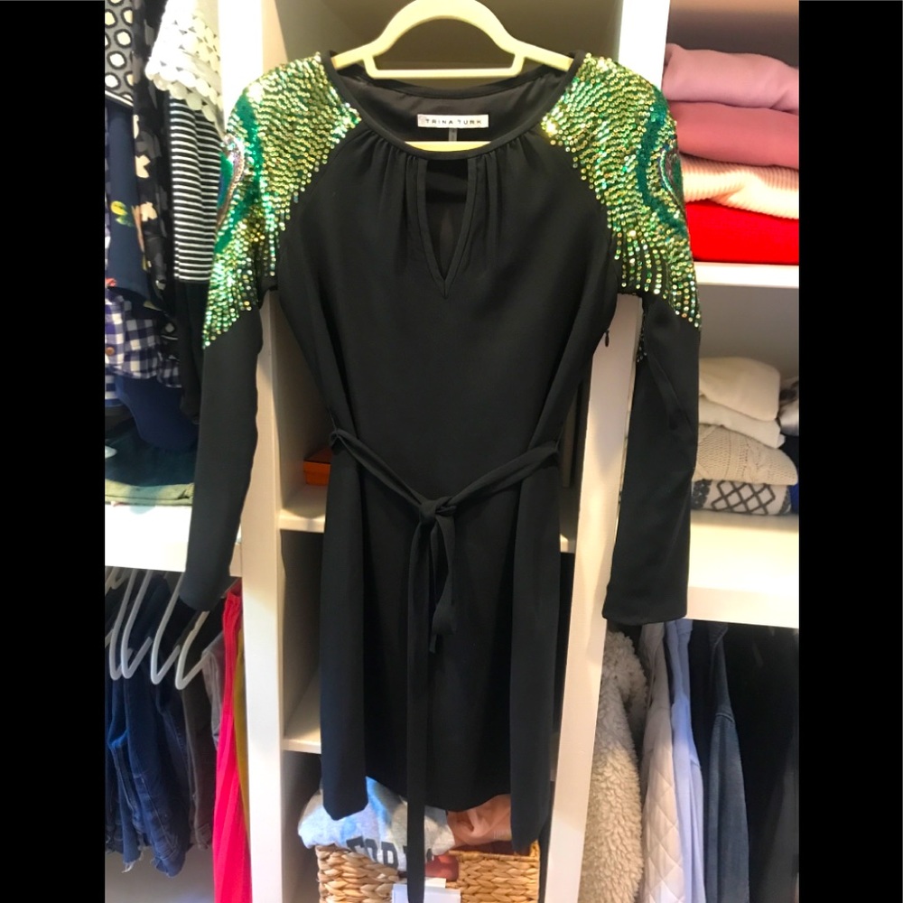 Trina Turk Dress with peacock sequin sleeves